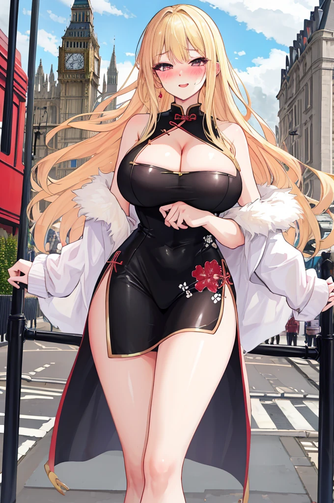 A woman with big ，(Gorgeous woman)，ahegao，cheongsam，Long blond hair，Cleavage，Slim waist，(Blush:1.2)，Thin legs，On the streets of London，