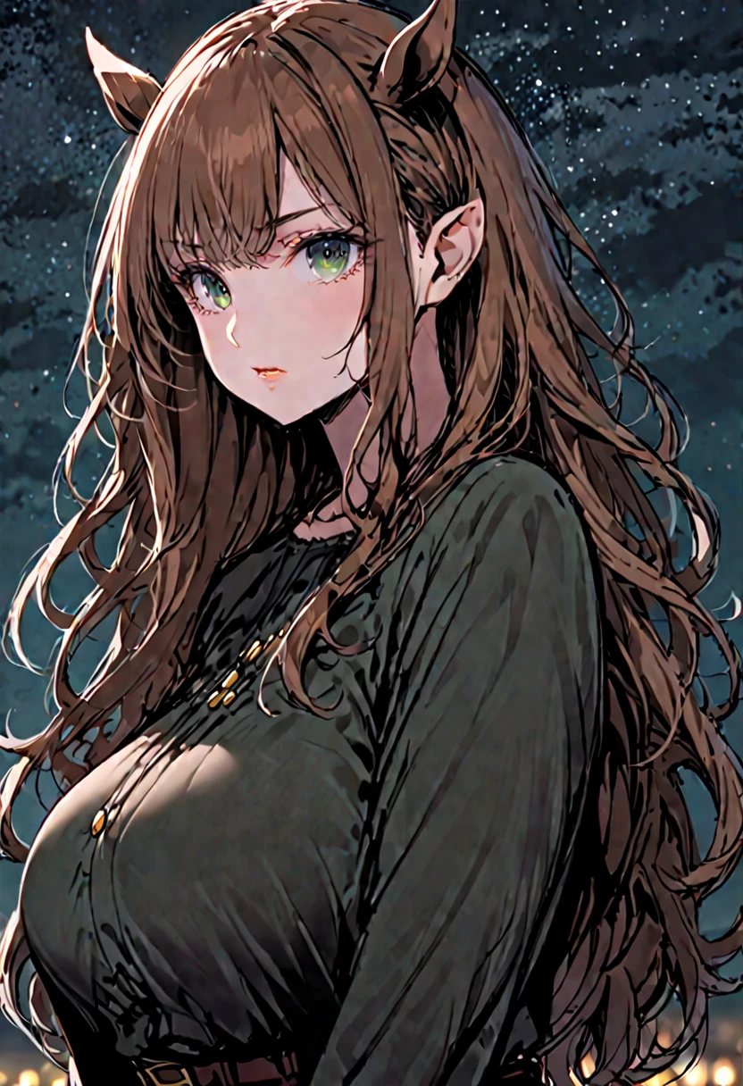 solo, female, sfw, medium shot, long wavy hair, brown hair, dark green eyes, centaur girl, brown horse ears, huge breasts, scholar, modest clothes, night sky, from the waist up