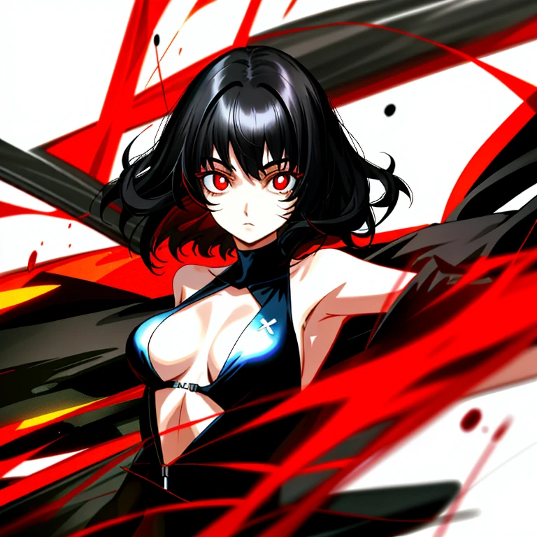 Black hair, Medium hair, Red eyes, Black pupils, Swimsuit, Breasts