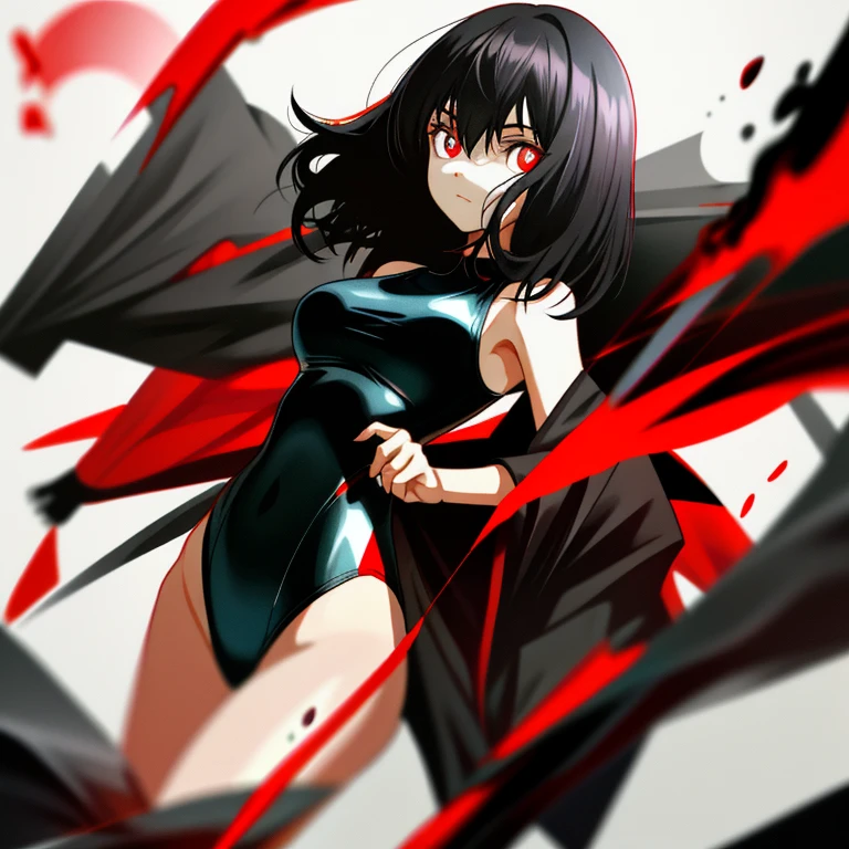 Black hair, Medium hair, Red eyes, Black pupils, Swimsuit, Breasts