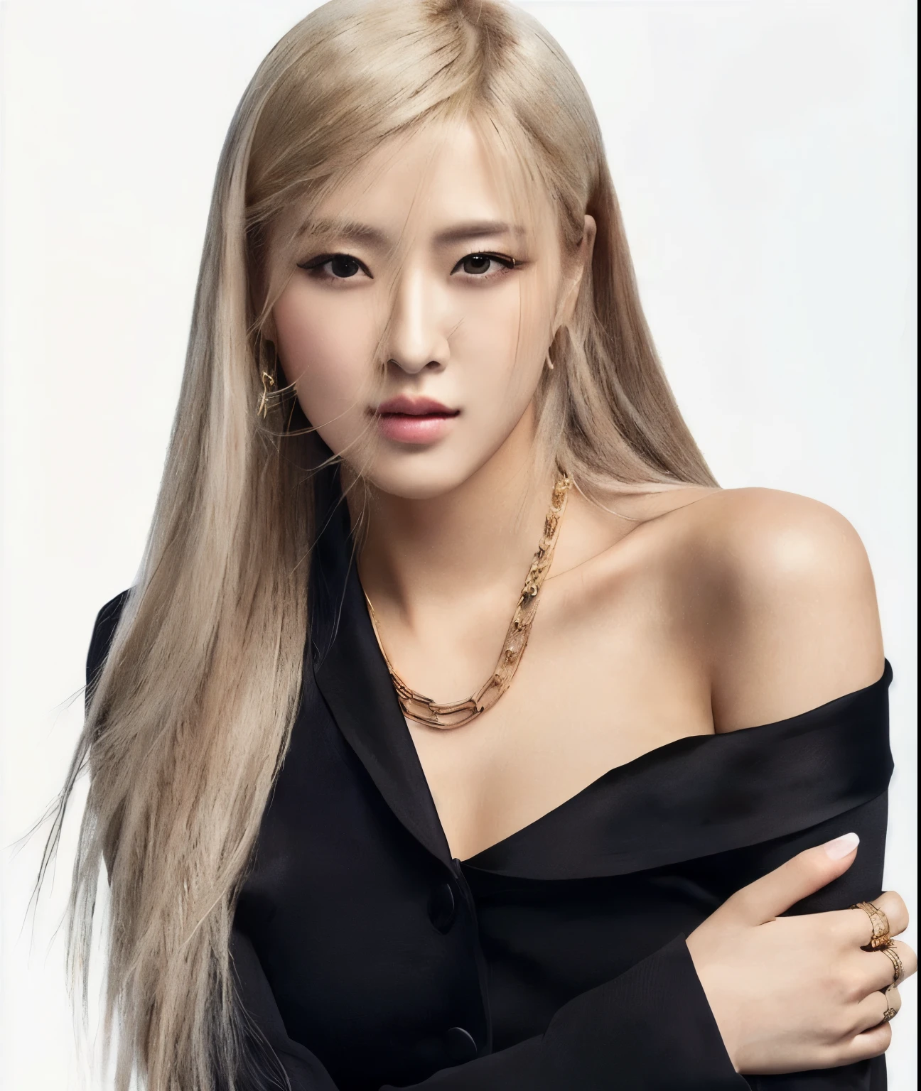 araffe woman with long blonde hair wearing a black top and a gold chain necklace, roseanne park of blackpink, portrait of jossi of blackpink, jossi of blackpink, lalisa manoban of blackpink, lalisa manobal, portrait jisoo blackpink, jisoo of blackpink, jisoo from blackpink, blackpink, jia, portrait of female korean idol, portrait of kpop idol