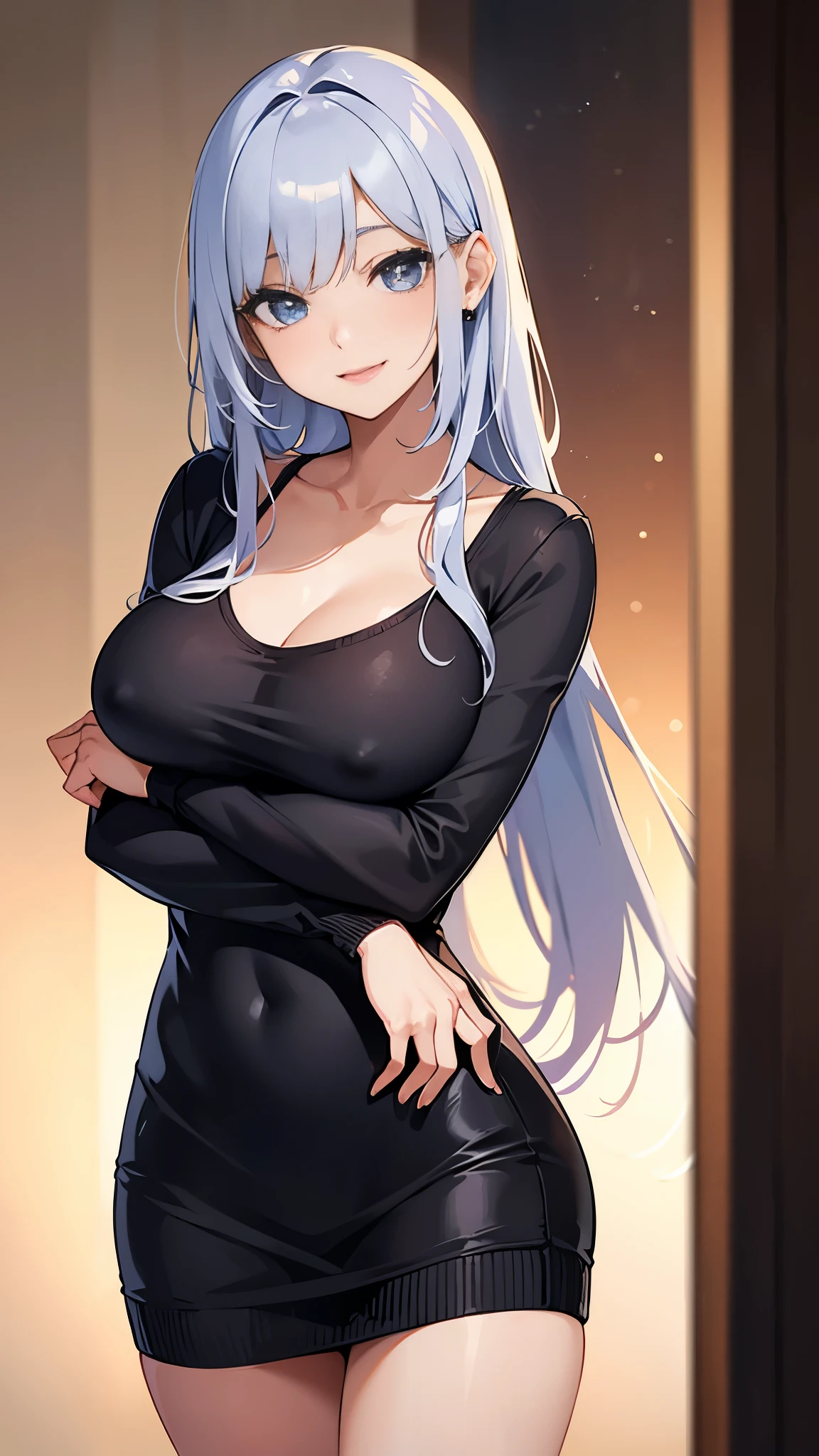 (highest quality、high detail:1.1、Very attractive adult beauty、Adds intense highlights to the eyes、Beautiful woman full of adult charm、perfect anatomy、I hear a silver voice、long hair、shiny hair、fluorescent lip gloss),1 girl, alOne, realistic、Please tilt your head slightly, short and shiny hair、 knit sweater、Big eyes、eyelash、face is a little red、embarrassing)、Big eyes、Give your students very powerful highlights、(huge breasts:1.4}、very big breasts、very beautiful beauty、show me your ears、long neck、smile a little、beautiful teeth、open your mouth and smile、heart shaped eyes))、28 years old、very cute super model、standing pose、sexy pose、One'Home、Man's room、