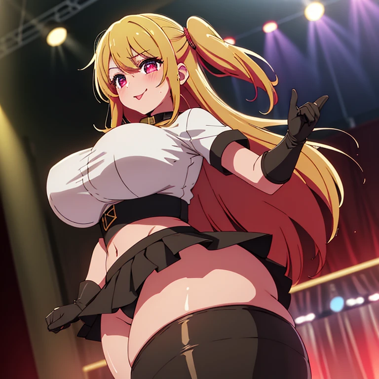 best quality, intricate detailasterpiece:1.2, best quality:1.2, beautiful, high quality, highres:1.1, aesthetic), detailed, extremely detailed, ambient soft lighting, 4K, perfect eyes, perfect face, perfect lighting, 1girl, solo, huge , huge ass, huthighs, narrow waist, wide hips, thick thighs, curvy, Oshinoko drawing, standing, looking at viewer, Ruby Hoshino,  solo woman, long, golden hair, beautiful face, perfect hands, red starry eyes, detailed lighting, idol, gloves, tongue out, tongue, long hair, star \(symbol\), looking at viewer,  hair ornament, :p, symbol-shaped pupils, hands up,hands in the air, jumping, mini skirt, (exposed midriff,) (underboob,) bouncing breasts, cblushing,sweating, (breathing hard), (panting), anime, farm, smile, huge ass, huge breastsuge thighsw waist, wide hips, thick thighs, curvy, bangs, one side up, star-shaped pupils, on stage,