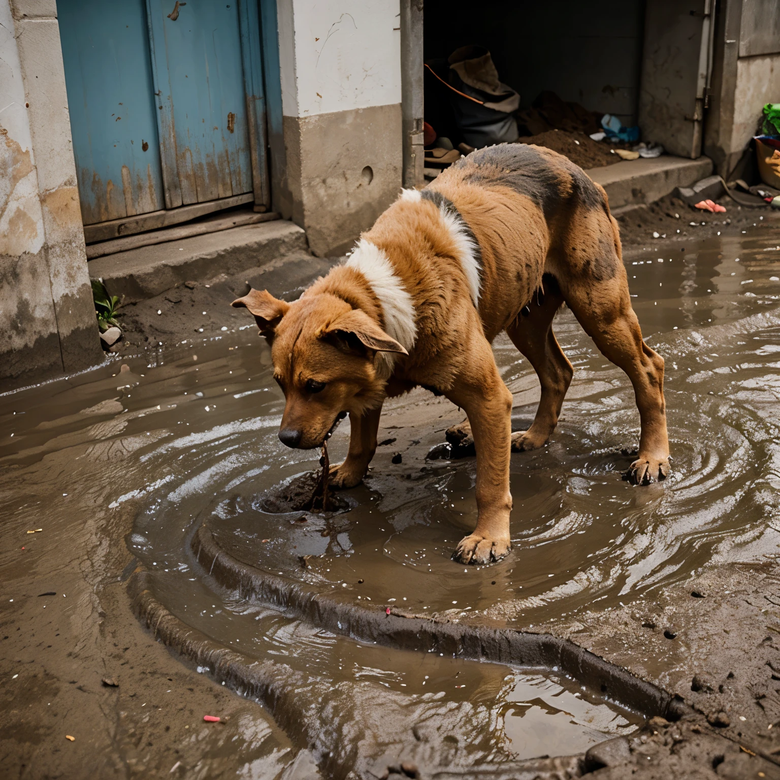 Street dog digging mud