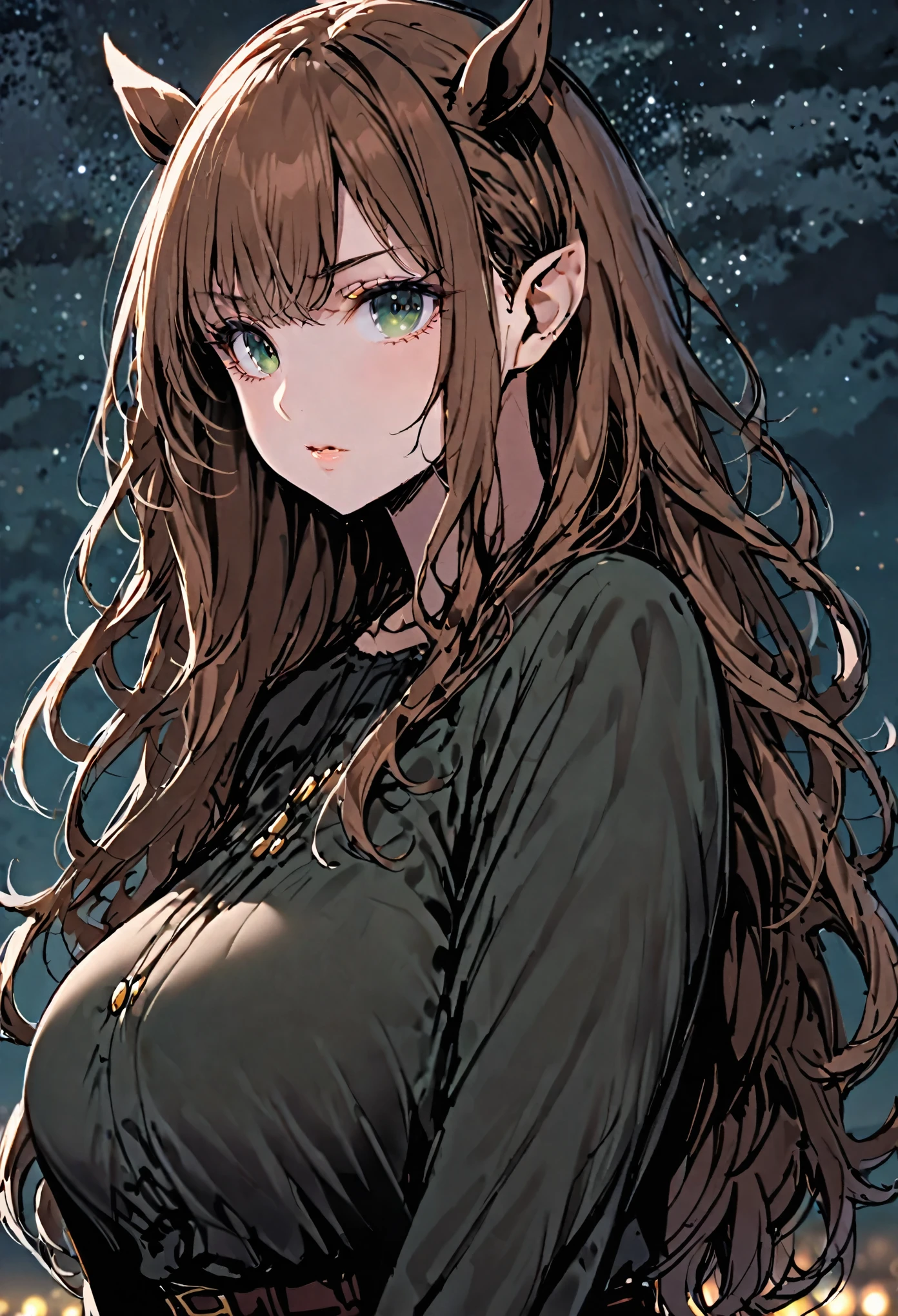 solo, female, sfw, medium shot, long wavy hair, brown hair, dark green eyes, centaur girl, brown horse ears, huge breasts, scholar, modest clothes, night sky, from the waist up