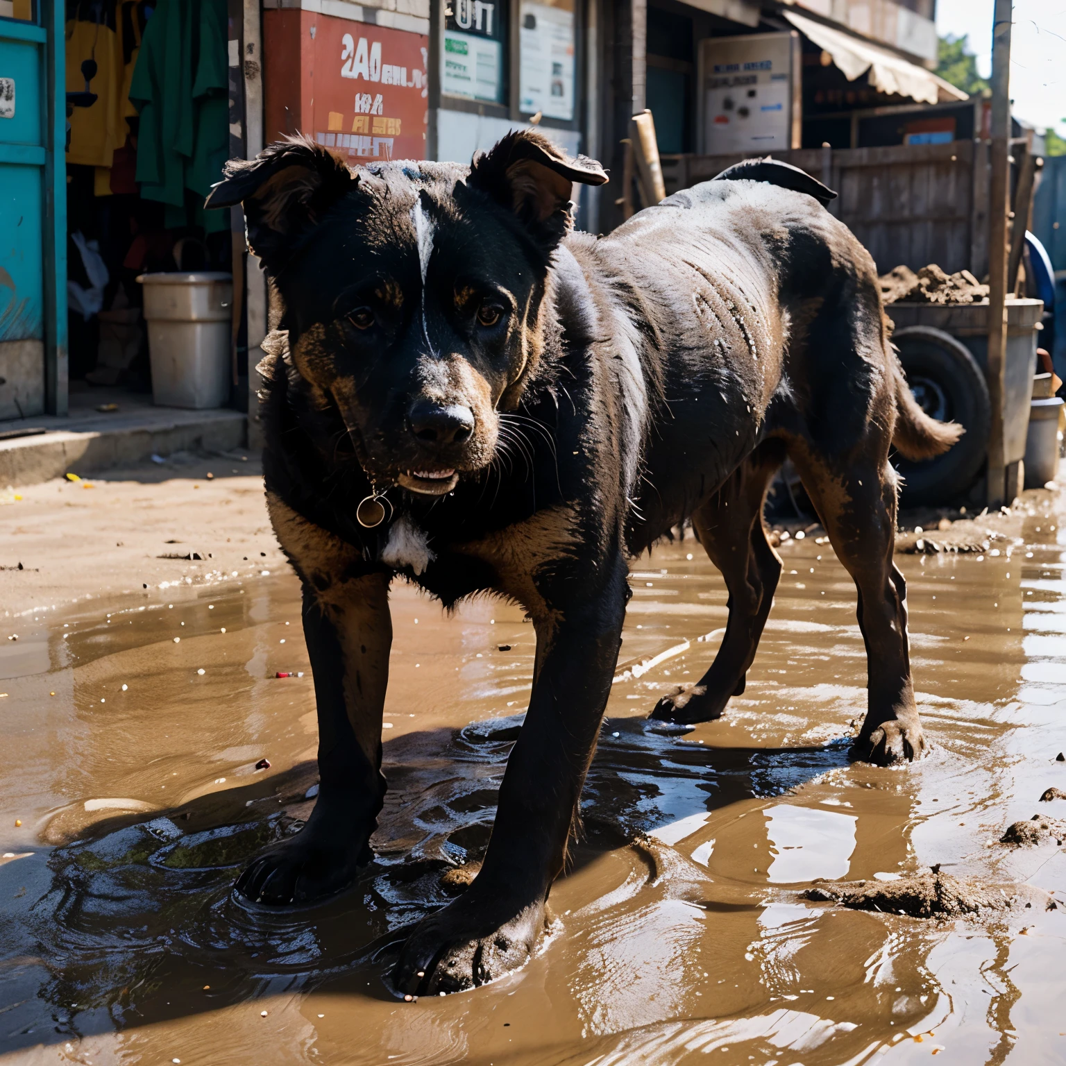 Street dog digging mud