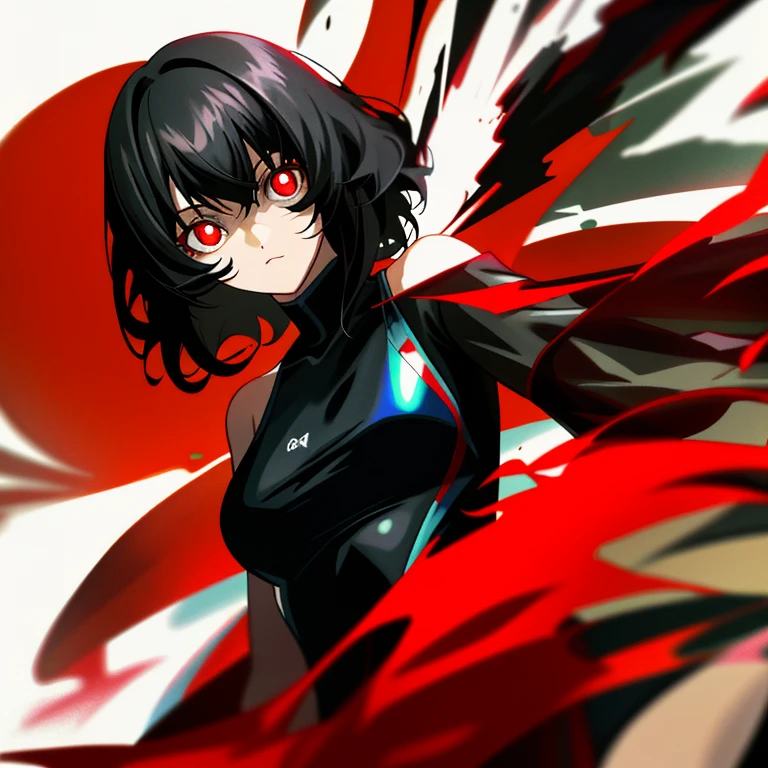 Black hair, Medium hair, Red eyes, Black pupils, Swimsuit, Breasts