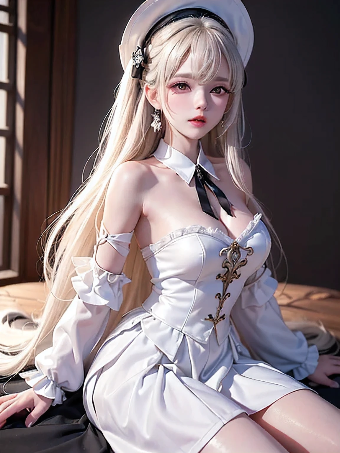 ((masterpiece,highest quality,Highly detailed images,Beautiful images、dutch angle))1.olo,1girl)(Beautiful girl、Beautiful Skin、White skin、Light Hair、White long hair、Delicate shoulders)(Lolstume、Black tie、Black Skirt、White shirt、Black collar、Black hat)(floating hair、Model-like pose)(fantasy palace)