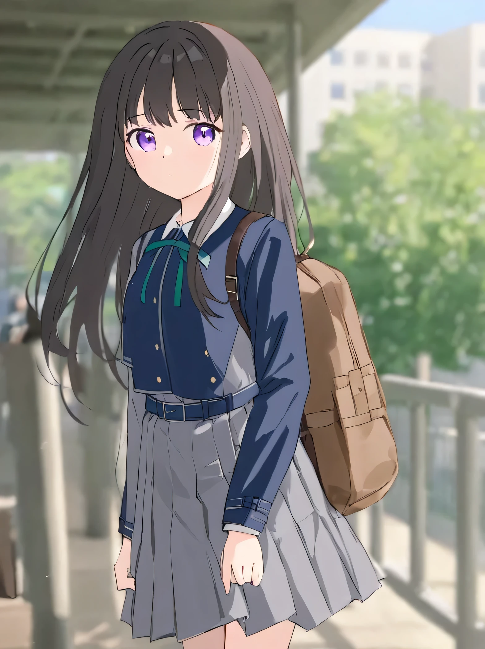 1girl, lycoris_uniform, solo, inoue_takina, long_hair, bag, two-tone_dress, pleated_dress, purple_eyes, dress, blue_dress, grey_dress, outdoors, bangs, black_hair, looking_at_viewer, collared_shirt, shirt, neck_ribbon, closed_mouth, belt, ribbon, long_sleeves, school_uniform, white_shirt, backpack, building, holding_strap, day, green_ribbon, blurry_background, blurry, blue_belt, brown_bag, railing