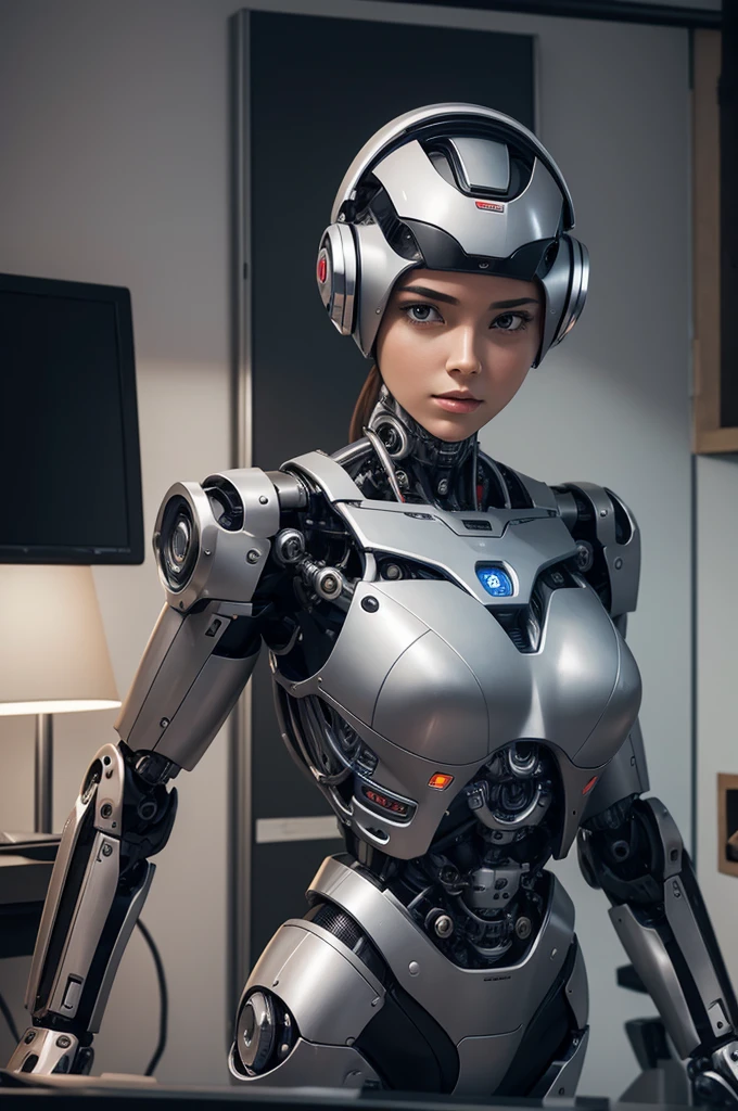Female robot mechanical body There is a desk next to it with a picture of a man on it.