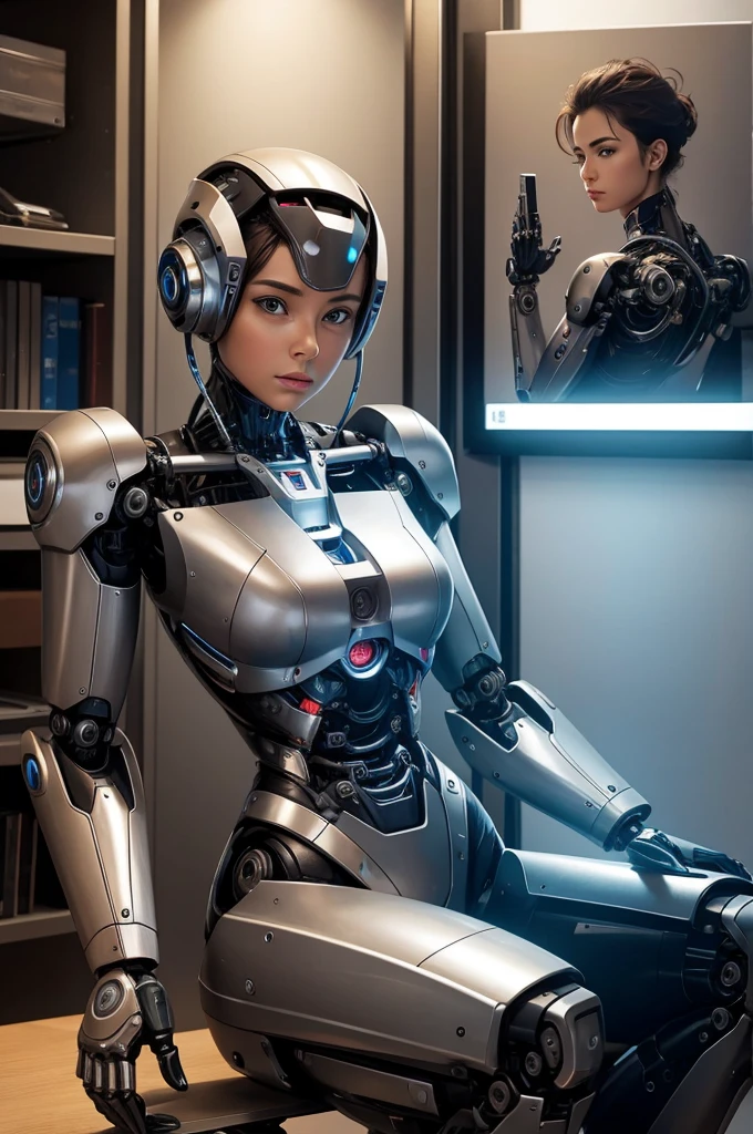 Female robot mechanical body There is a desk next to it with a picture of a man on it.