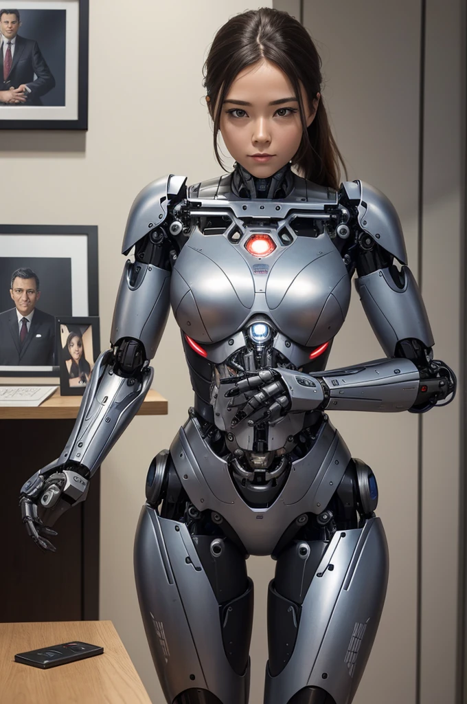 Female robot　mechanical body　There is a desk next to it with a picture of a man on it.
