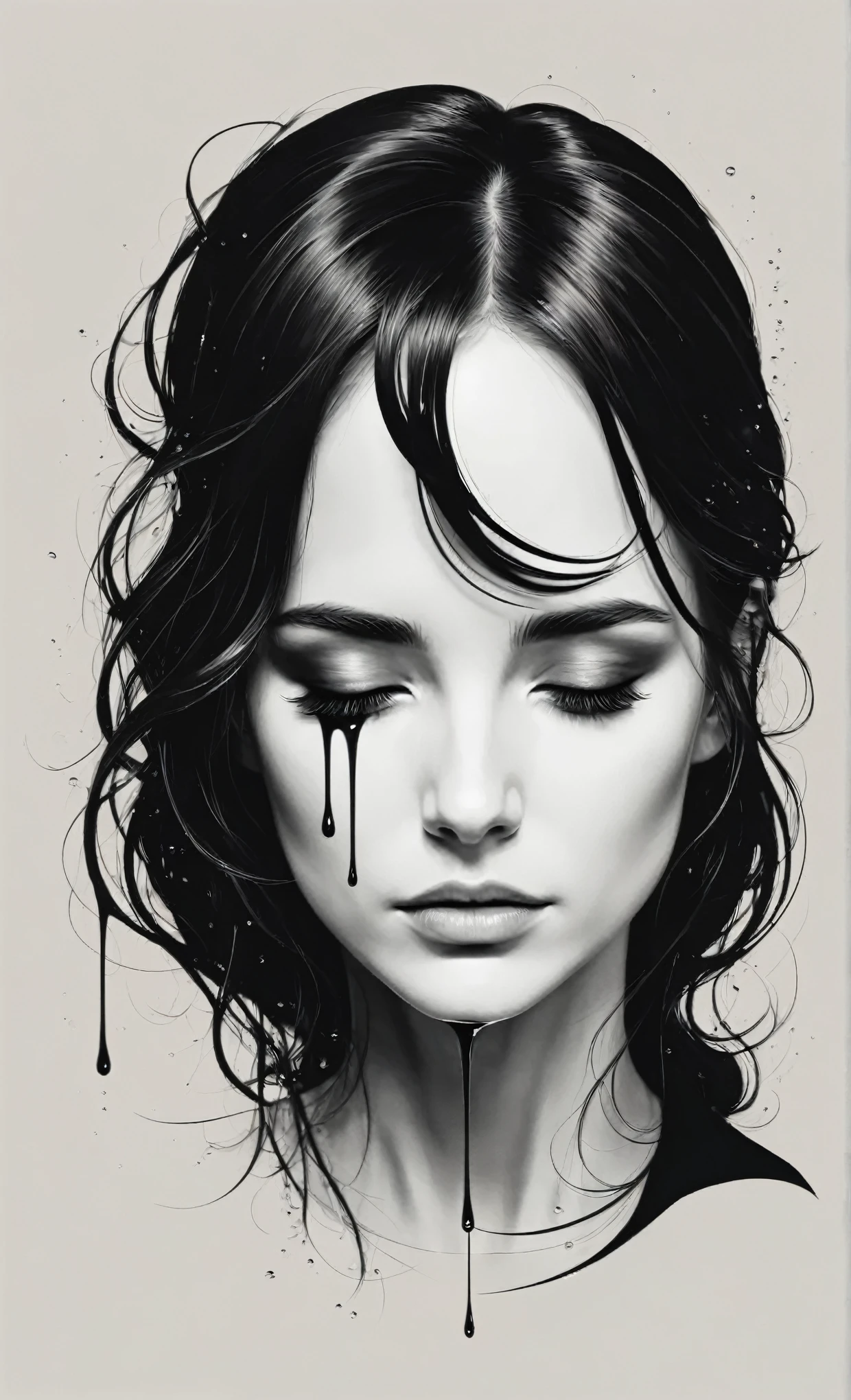 Create a simple and elegant“Liss”logo, shedding tears. The design should convey a strong sense of sadness and melancholy, using a minimalist approach with clear lines, nicola samori,ben templsmith,Irina Yermolova, featured on Netflix,obsidian art