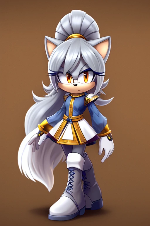 female, mobian, fox, adult, light silver fur, orange eyes, gold cuffs, long eyelashes, long tail, casual knight clothes, brown laced boots, fierce eyes, (very long wavy quills/hair), (ponytail hairstyle) (bangs) ((solo)), ((1girl)), serious