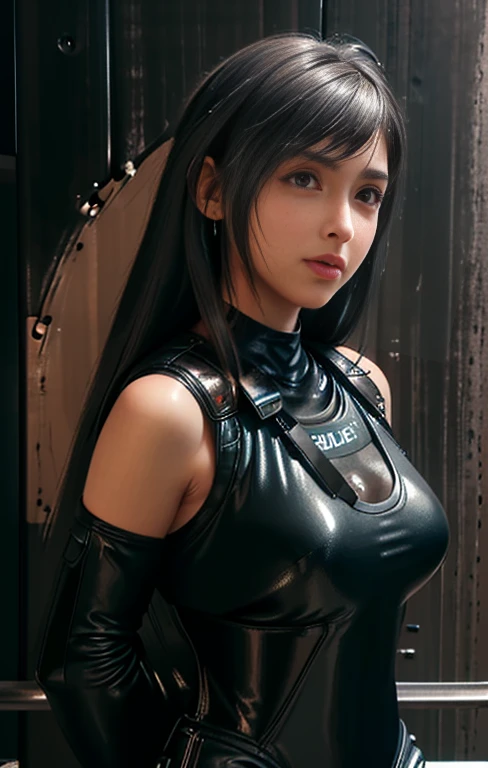 (Best image quality, Excellent details, Ultra-high resolution), (realism: 1.4), Favorite Details, Very condensed one beautiful girl, Delicate and beautiful features, ((Cowboy Shot)), (Slightly thicker:0.4), (He wears a silver and black racing suit and prefers police uniforms, Black and grey mech, Wearing a military harness, Has a machine gun), Background Gray wall, (whole body:1.6)