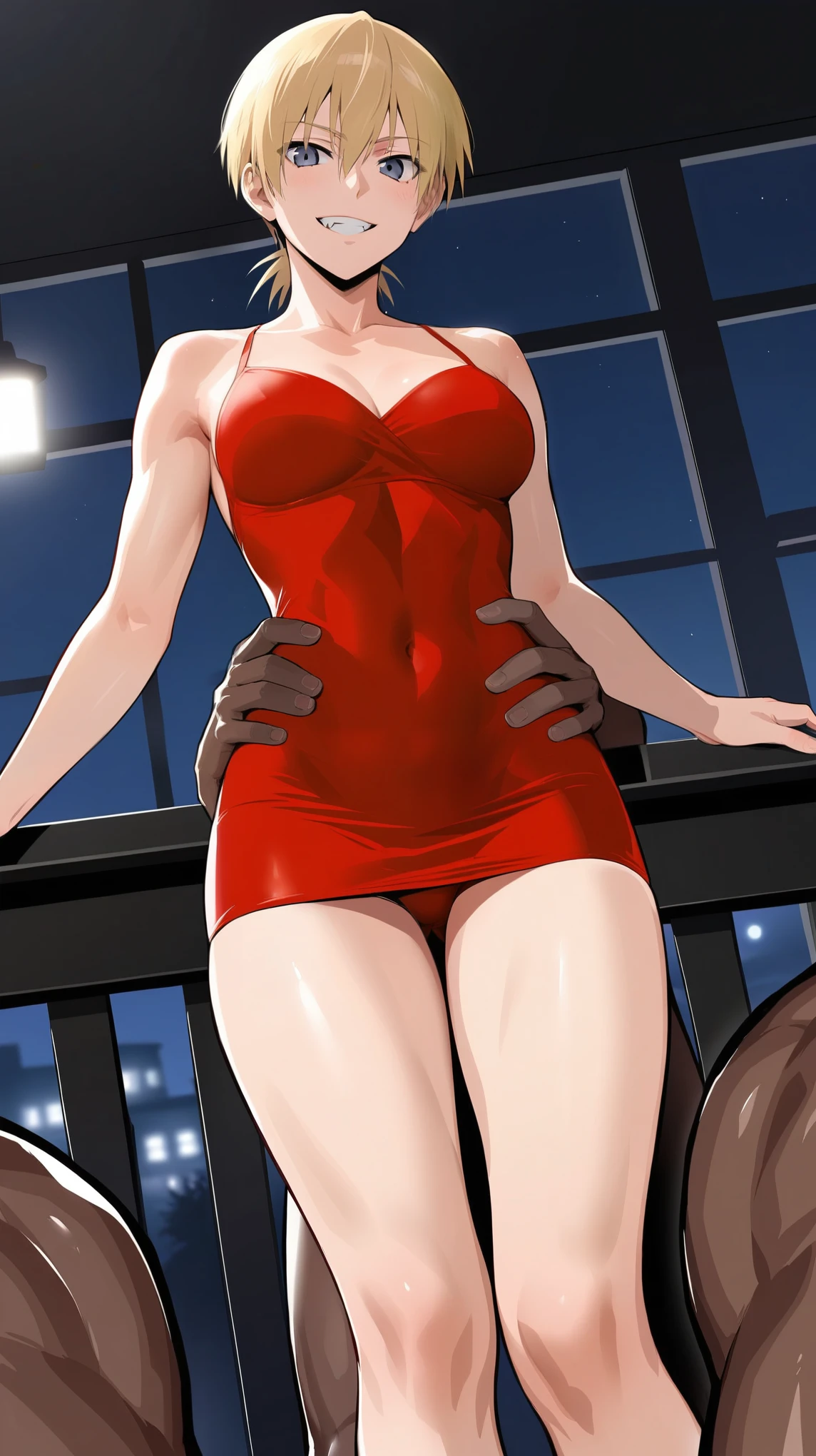 score_9, score_8_up, source_anime, standing, hellsing, seras, blonde hair, nude, indoors, night, night sky, nighttime, vampire, smirk, fangs, ikuchan, balcony, town background, clothed, male wearing shorts, muscular male, medium breasts, boyfriend, couple, sfw, looking at viewer, faceless male, dark skinned male, cuckold pov, ntr, netorare, standing side by side, standing, cuckolding, cuck, 1girl, 1boy, duo, ((duo focus)), black haired male, interracial, BLACKED, bbc, raceplay, smug, humiliation, ((faceless male)), ((size difference)), tall male, ((duo)), waist grab, ((dark skinned male))), gown, dress, bulge,  rating:safe, navel, short dress, red dress 