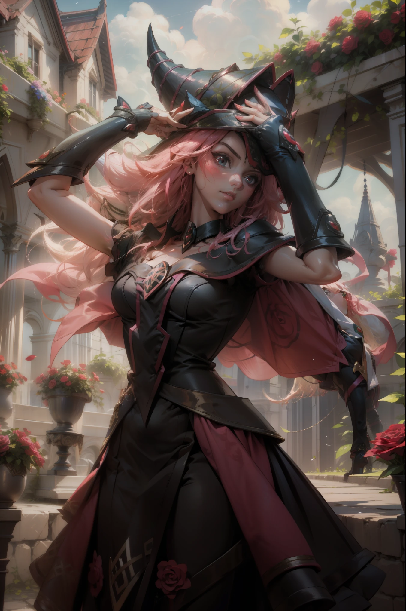 Hermosa dark magician gils. Joven con cabello corto y rubia. Ojos verdes. Labios rosados. She is in a garden of red roses. Rosas rojas la rodean. Pose y inocente. Fondo de rosas rojas y lluvia