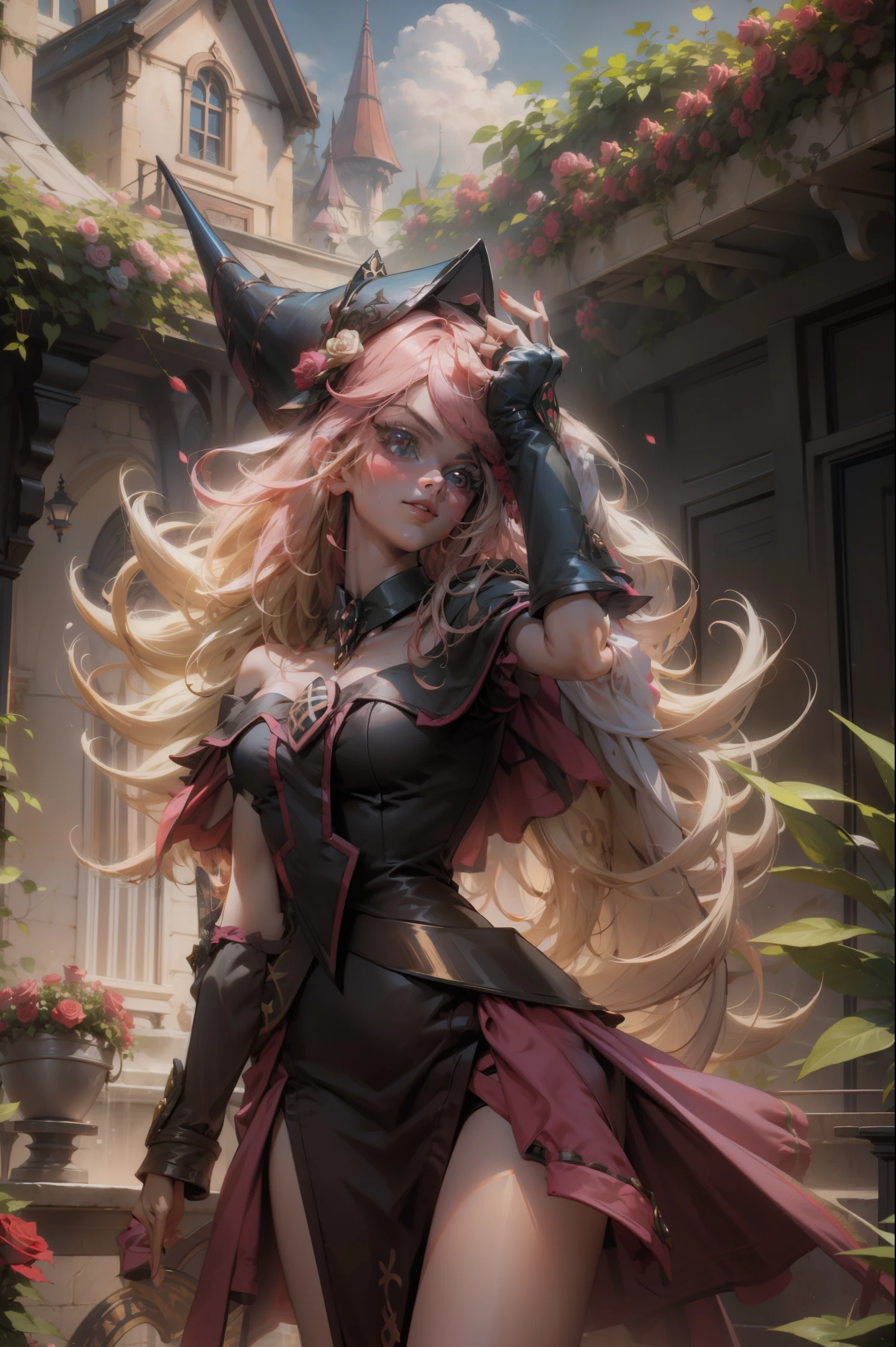 Hermosa dark magician gils. Joven con cabello corto y rubia. Ojos verdes. Labios rosados. She is in a garden of red roses. Rosas rojas la rodean. Pose y inocente. Fondo de rosas rojas y lluvia