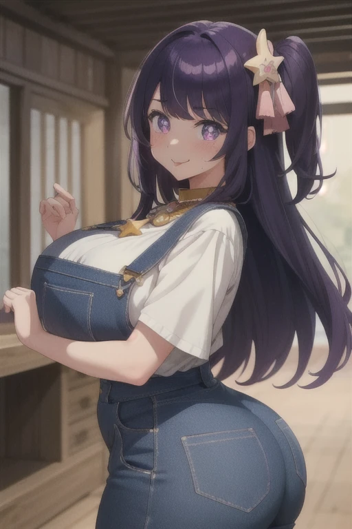 girl, full body, cowboy shot, (Rembrandt), illustration, (masterpiece), (best quality), (ultra_detailed), finely detail, (Depth of field), HshinoAi, tongue out, tongue, long hair, star \(symbol\), looking at viewer, (purple hair:1.2), purple eyes, upper body, hair ornament, :p, idol, symbol-shaped pupils,naked overalls, collar,blushing,sweating, (breathing hard), (panting), anime, smile, huge ass, huge breasts, huge thighs, narrow waist, wide hips, thick thighs, curvy, bangs, one side up, star-shaped pupils, farm,