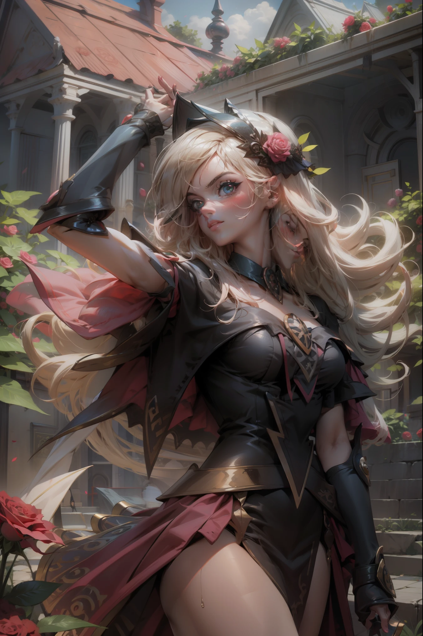 Hermosa dark magician gils. Joven con cabello corto y rubia. Ojos verdes. Labios rosados. She is in a garden of red roses. Rosas rojas la rodean. Pose y inocente. Fondo de rosas rojas y lluvia