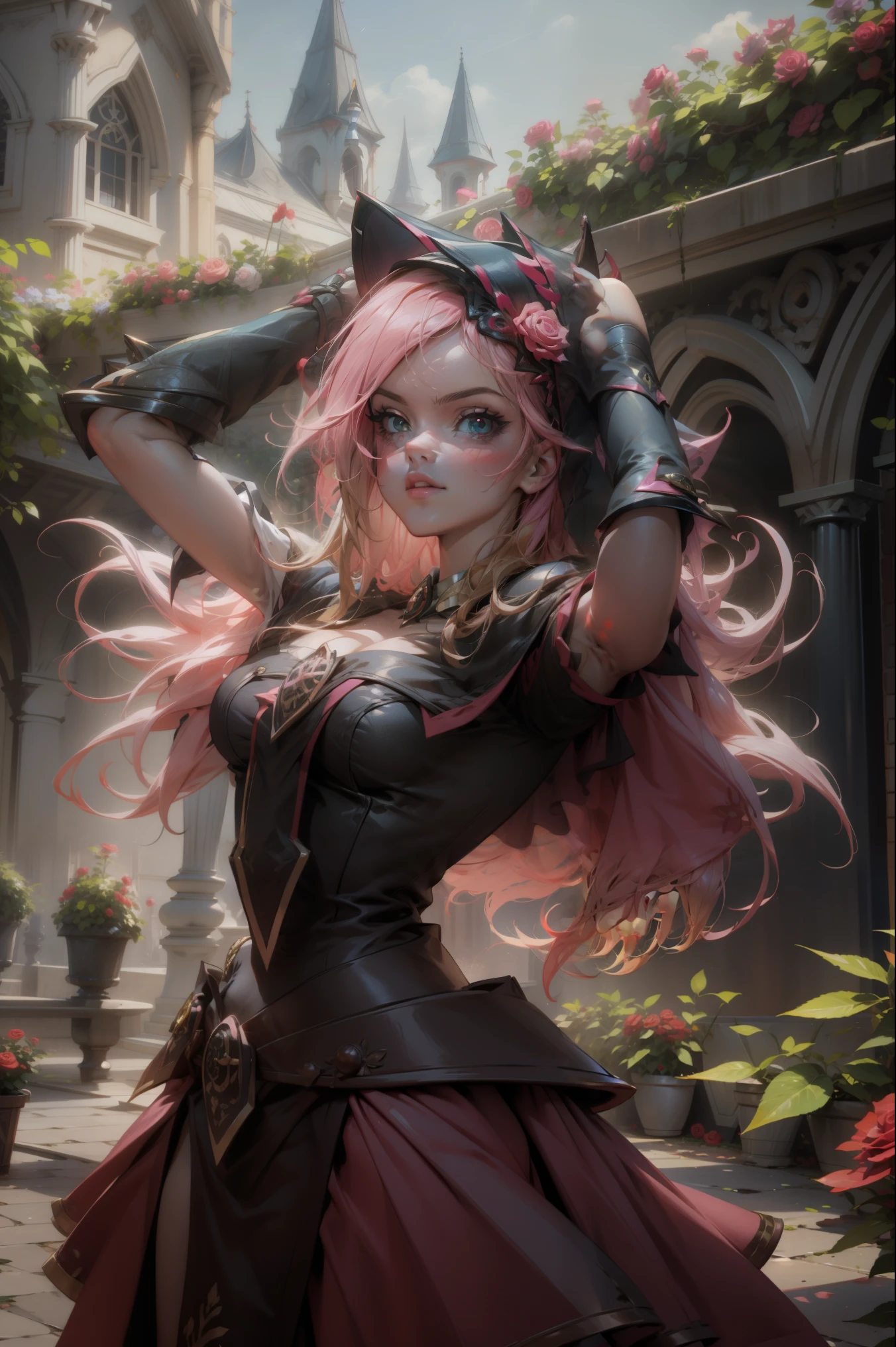 Hermosa dark magician gils. Joven con cabello corto y rubia. Ojos verdes. Labios rosados. She is in a garden of red roses. Rosas rojas la rodean. Pose y inocente. Fondo de rosas rojas y lluvia