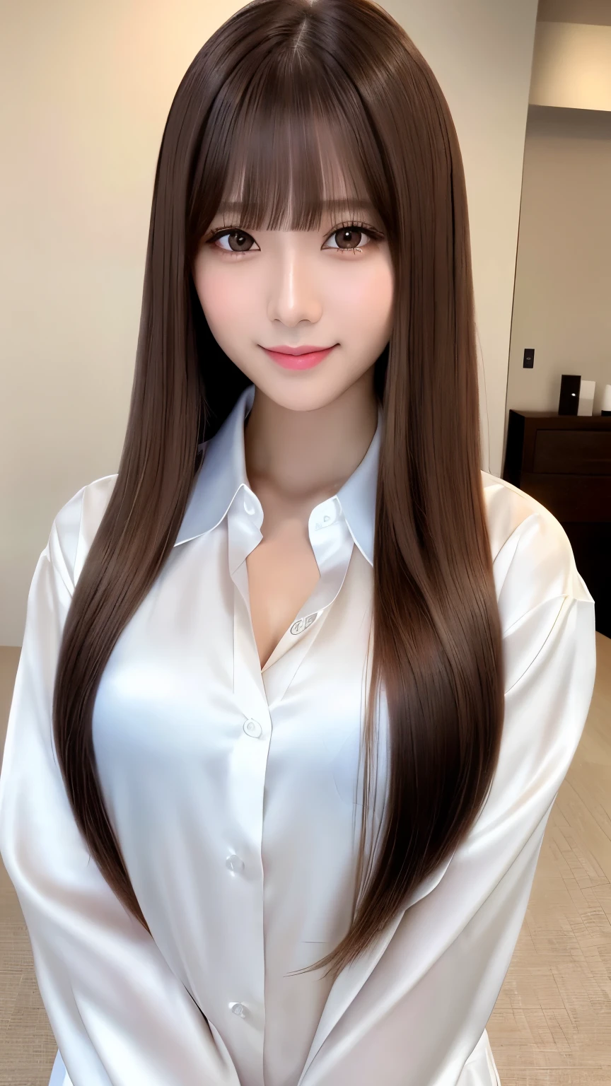Front view, Young and pretty girl in Japan, Long Bob Hair, night、Standing alone next to a bed in a luxurious room with a big smile on her face, Attractive person, Wearing an unbuttoned long-sleeved white silk satin shirt with a collar, Shiny satin white panties, Super cute face, Glossy Lips, Double eyelids on both eyes, Natural Makeup, Long eyelashes, shiny smooth light brown long hair, Straight Hair、Asymmetrical bangs, Center image, High resolution, Attention to detail, Detailed hairstyle, Detailed face, Spectacular movie lighting, Octane Rendering, Vibrant, Ultra-realistic, Perfect limbs, Perfect Anatomy