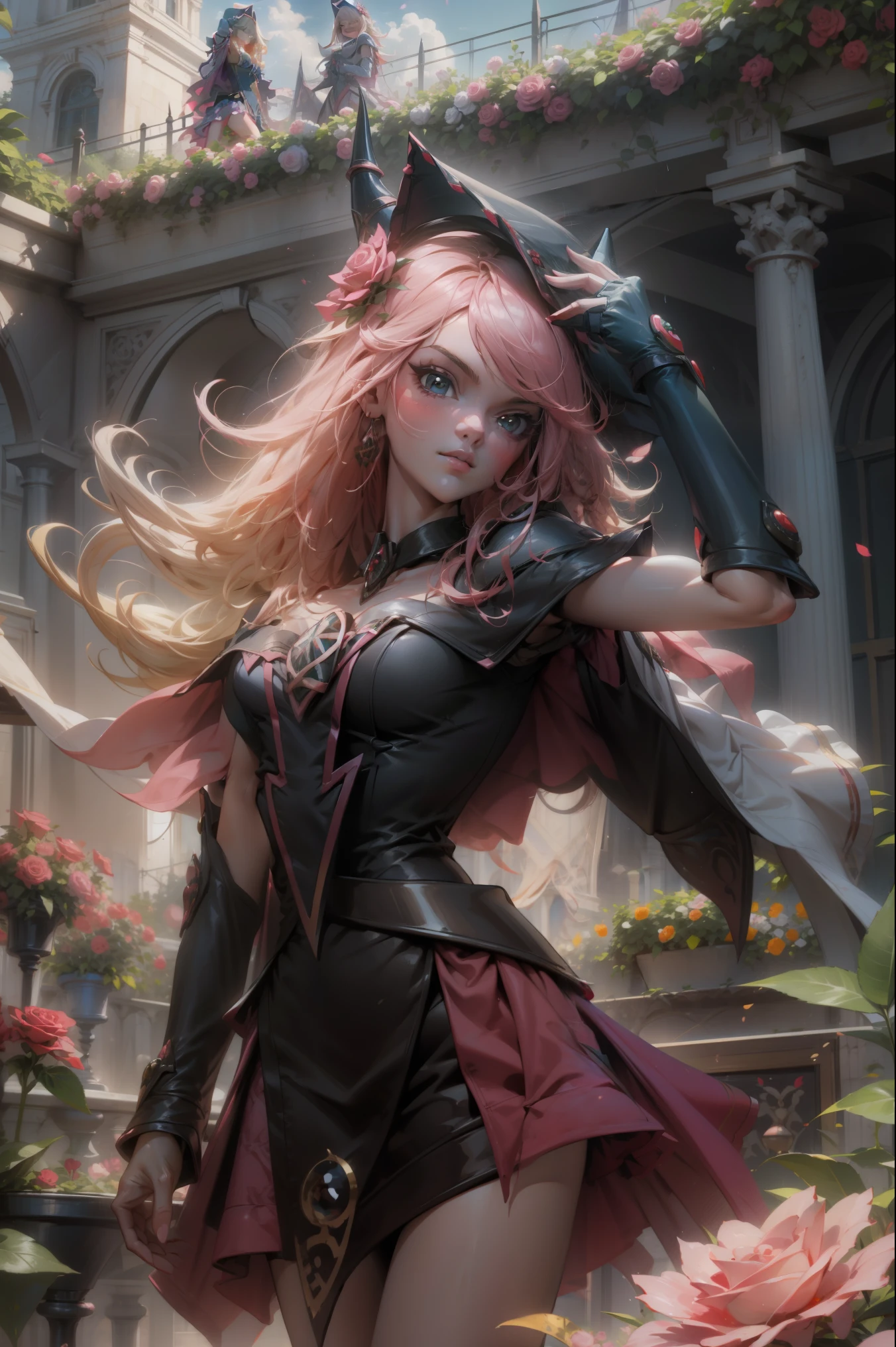 Hermosa dark magician gils. Joven con cabello corto y rubia. Ojos verdes. Labios rosados. She is in a garden of red roses. Rosas rojas la rodean. Pose  y inocente. Fondo de rosas rojas y lluvia 