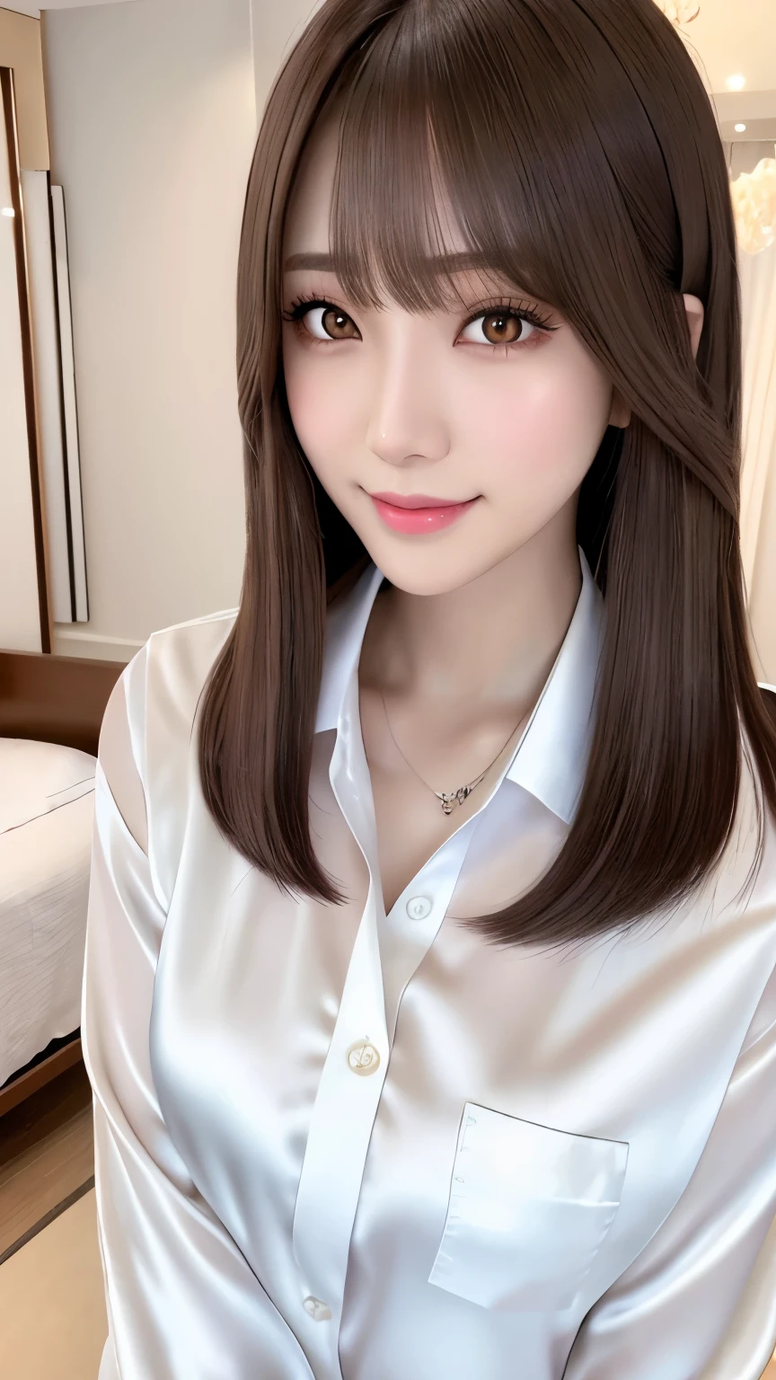 Front view, Young and pretty girl in Japan, Long Bob Hair, night、Standing alone next to a bed in a luxurious room with a big smile on her face, Attractive person, Wearing an unbuttoned long-sleeved white silk satin shirt with a collar, Shiny satin white panties, Super cute face, Glossy Lips, Double eyelids on both eyes, Natural Makeup, Long eyelashes, shiny smooth light brown long hair, Straight Hair、Asymmetrical bangs, Center image, High resolution, Attention to detail, Detailed hairstyle, Detailed face, Spectacular movie lighting, Octane Rendering, Vibrant, Ultra-realistic, Perfect limbs, Perfect Anatomy