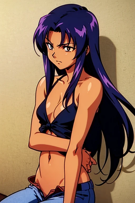 ((best quality)), ((masterpiece)), (detailed), dark tanned skin anime woman in a deep V-neck  tied top, (bare shoulders), (bare arms), (jeans), (long hair), starving, (resting hands on the stomach), (hands on the stomach), (slim body)