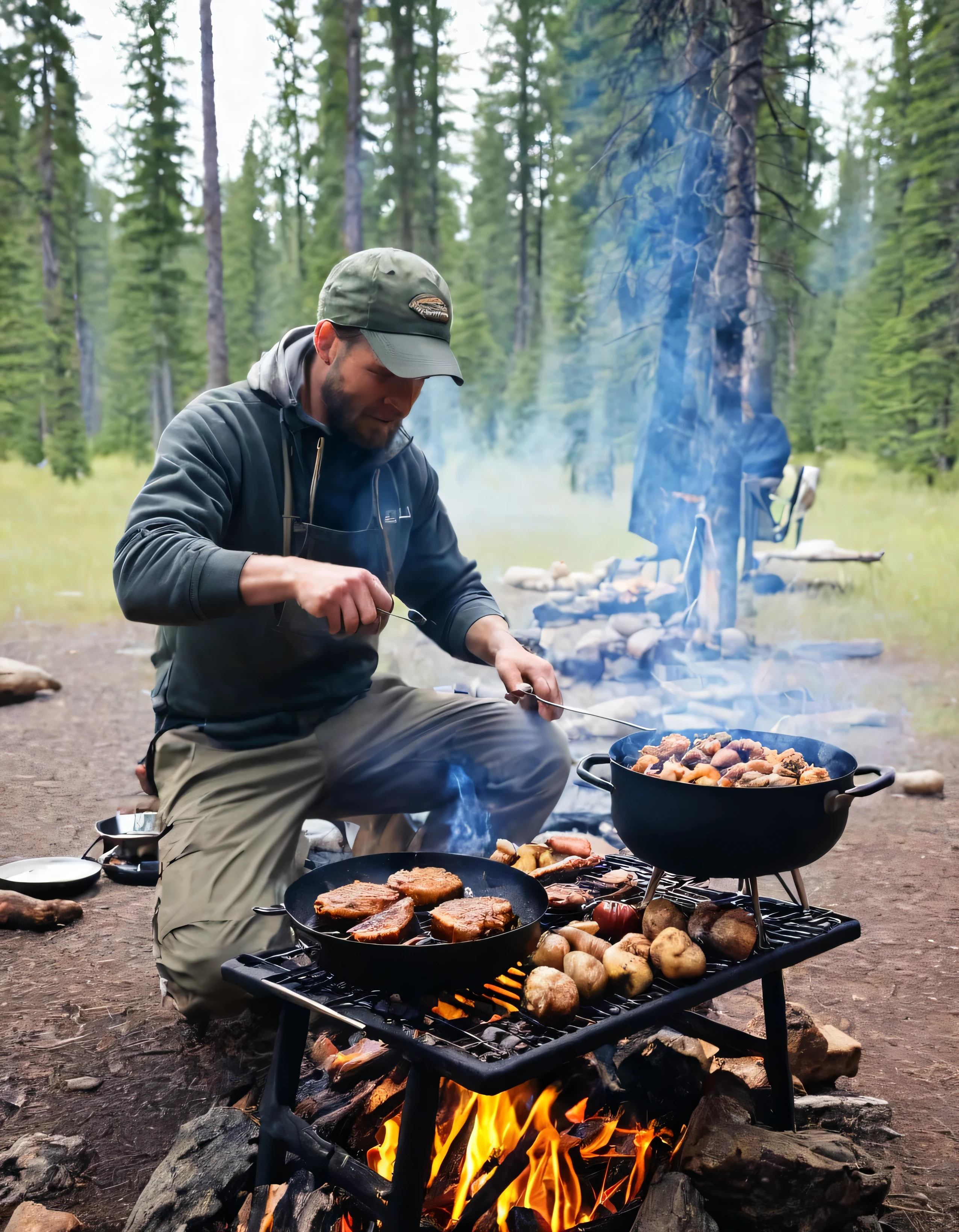 there are many different pictures of a person cooking food on the grill camping, food. craft and adventure, cooking it up, camp, campsites, by Joe Bowler, ((oversaturated)), adventuring, beautiful setting, !!beautiful!!, by Stephen Greene