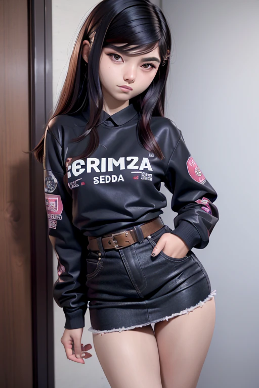 Hermosa adolescente china, top ajustado de seda de manga larga, pechos grandes, pelo bob con mechas plateadas, falda skater corta de seda, chica punk, Obra maestra,