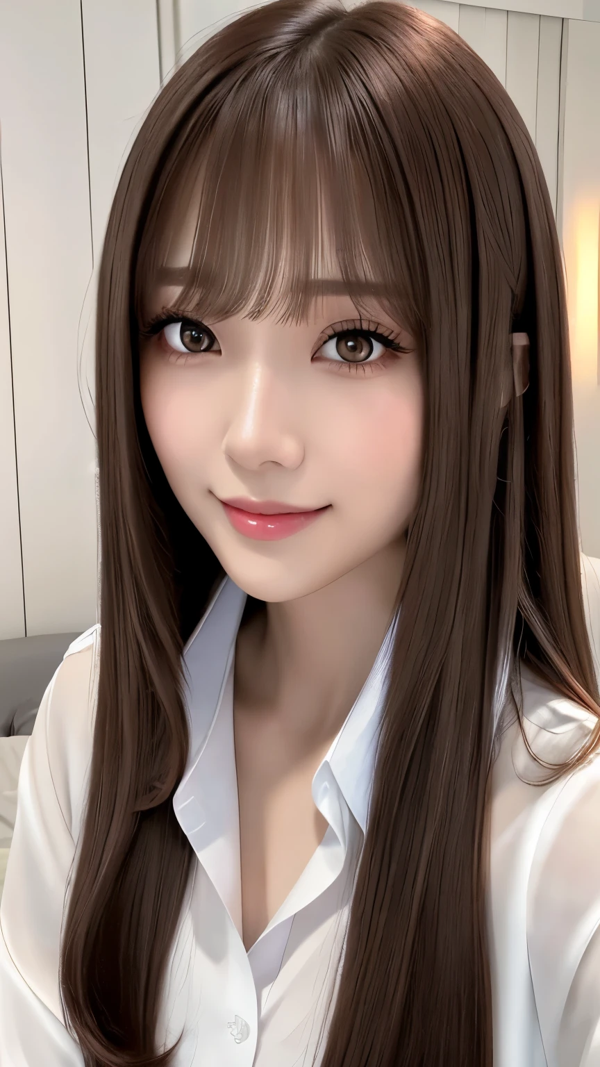 Front view, Young and pretty girl in Japan, Long Bob Hair, night、Standing alone next to a bed in a luxurious room with a big smile on her face, Attractive person, Wearing an unbuttoned long-sleeved white silk satin shirt with a collar, Shiny satin white panties, Super cute face, Glossy Lips, Double eyelids on both eyes, Natural Makeup, Long eyelashes, shiny smooth light brown long hair, Straight Hair、Asymmetrical bangs, Center image, High resolution, Attention to detail, Detailed hairstyle, Detailed face, Spectacular movie lighting, Octane Rendering, Vibrant, Ultra-realistic, Perfect limbs, Perfect Anatomy