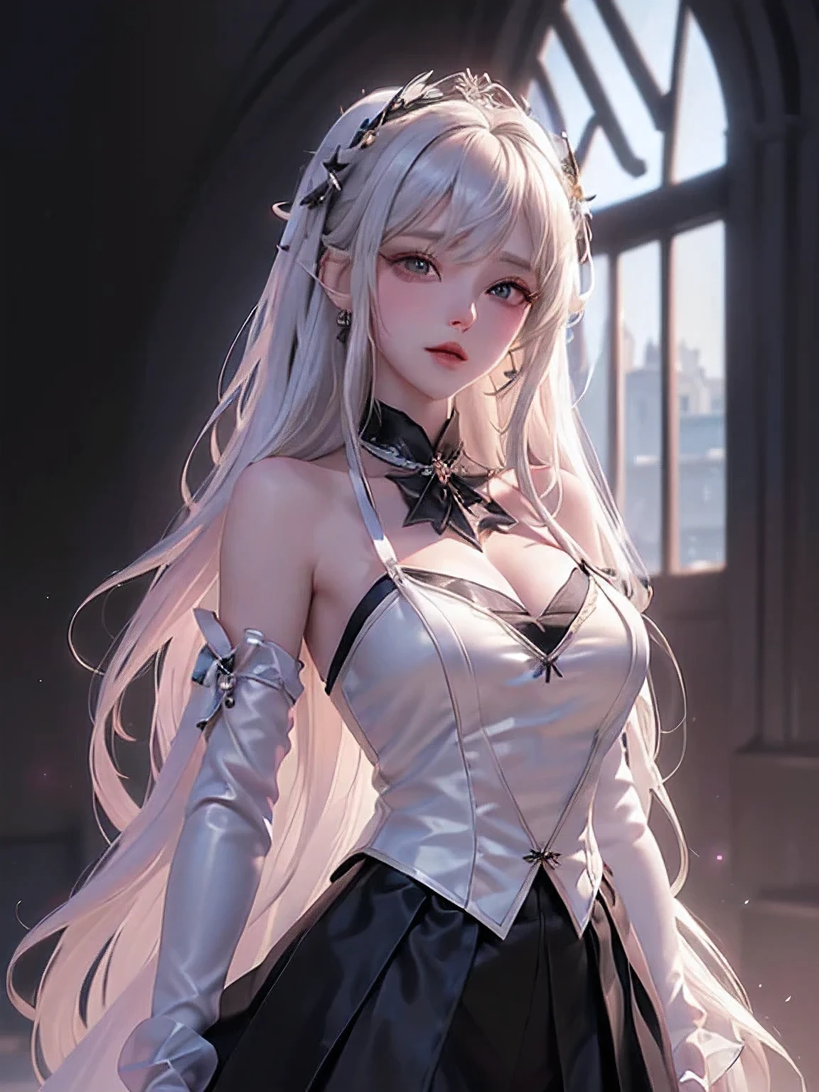 ((masterpiece,highest quality,Highly detailed images,Beautiful images,photo realistic、dutch angle))1.4(solo,1girl)(cute girl、Beautiful Skin、White skin、Light Hair、White long hair、Delicate shoulders)(ta Costume、Black tie、Black Skirt、White shirt、Black collar、Black hat)(floating hair、Model-like pose)(fantasy palace)