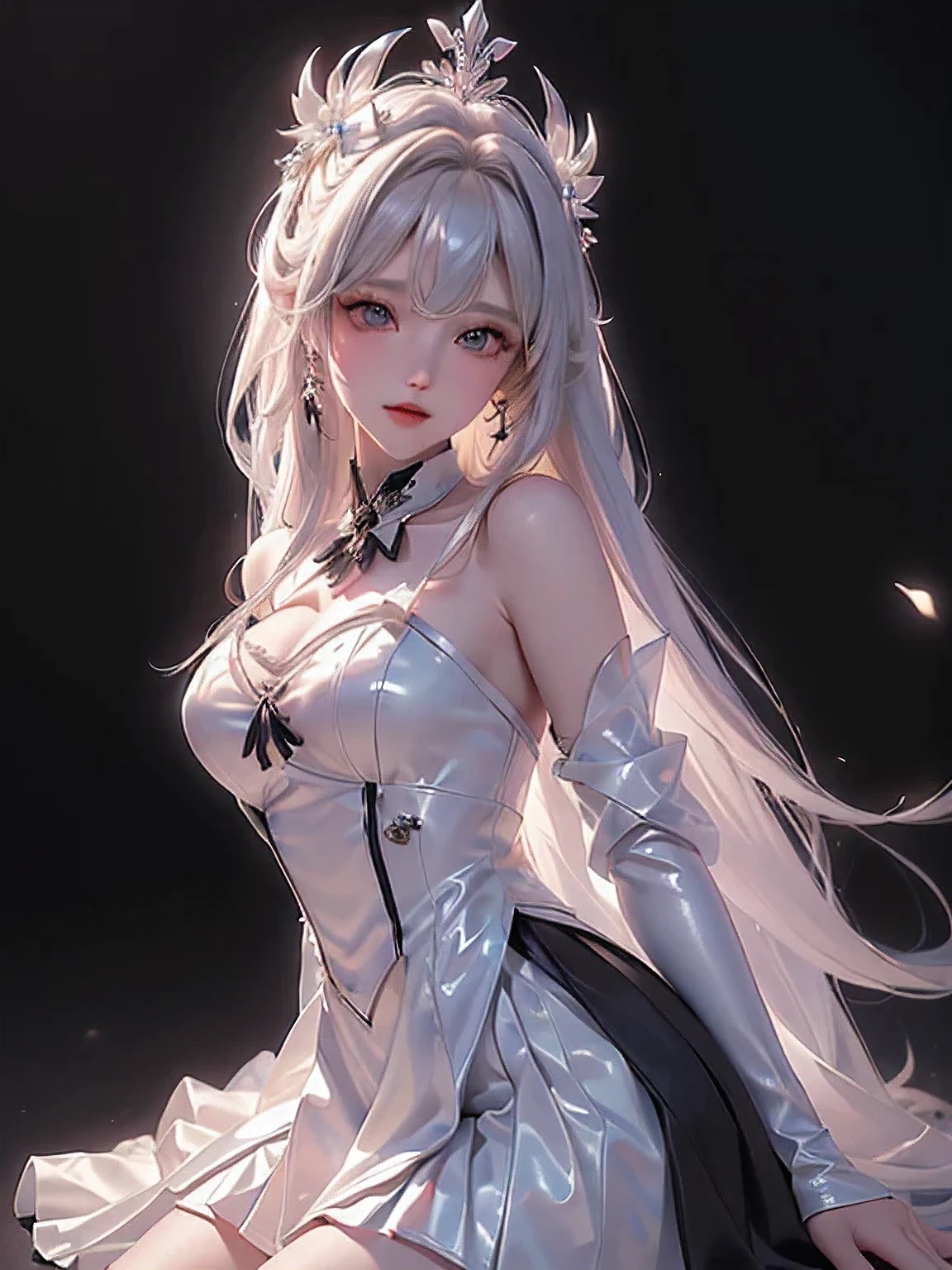 ((masterpiece,highest quality,Highly detailed images,Beautiful images,photo realistic、dutch angle))1.4(solo,1girl)(cute girl、Beautiful Skin、White skin、Light Hair、White long hair、Delicate shoulders)(Lolita Costume、Black tie、Black Skirt、White shirt、Black collar、Black hat)(floating hair、Model-like pose)(fantasy palace)
