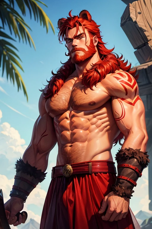 red bear man muscular build slim beardless handsome red hair with bear ears on his head red belt with reddish fur red skin loincloth yellow eyes barbarian clothing fire rune tattoos red color looking forward at viewer