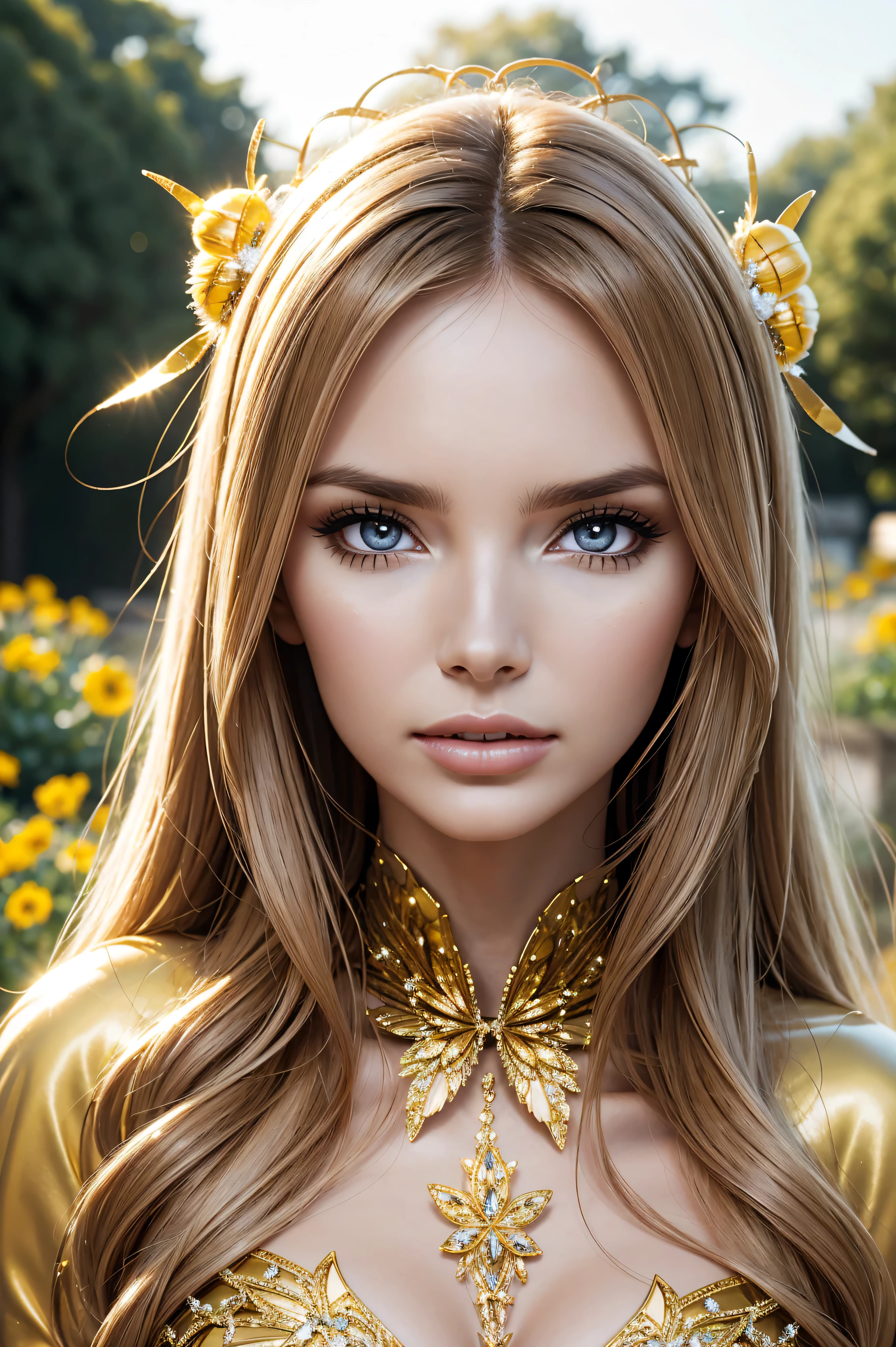 Nadine Coyle, wearing bee costume transparent. professionally retouched, soft lighting, realistic, smooth face, perfect eyes, sharp focus on eyes, 8 k, high definition, insanely detailed, intricate, elegant. against the background of the garden of Versailles.