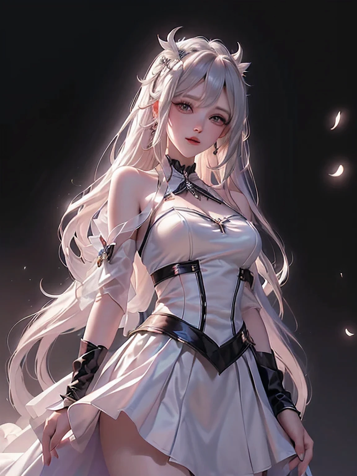 ((masterpiece,highest quality,Highly detailed images,Beautiful images,photo realistic、dutch angle))1.4(solo,1girl)(cute girl、Beautiful Skin、White skin、Light Hair、White long hair、Delicate shoulders)(ta Costume、Black tie、Black Skirt、White shirt、Black collar、Black hat)(floating hair、Model-like pose)(fantasy palace)