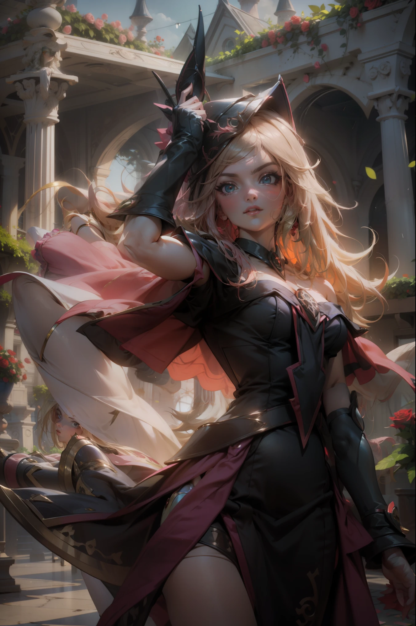 Hermosa dark magician gils. Joven con cabello corto y rubia. Ojos verdes. Labios rosados. She is in a garden of red roses. Rosas rojas la rodean. Pose y inocente. Fondo de rosas rojas y lluvia