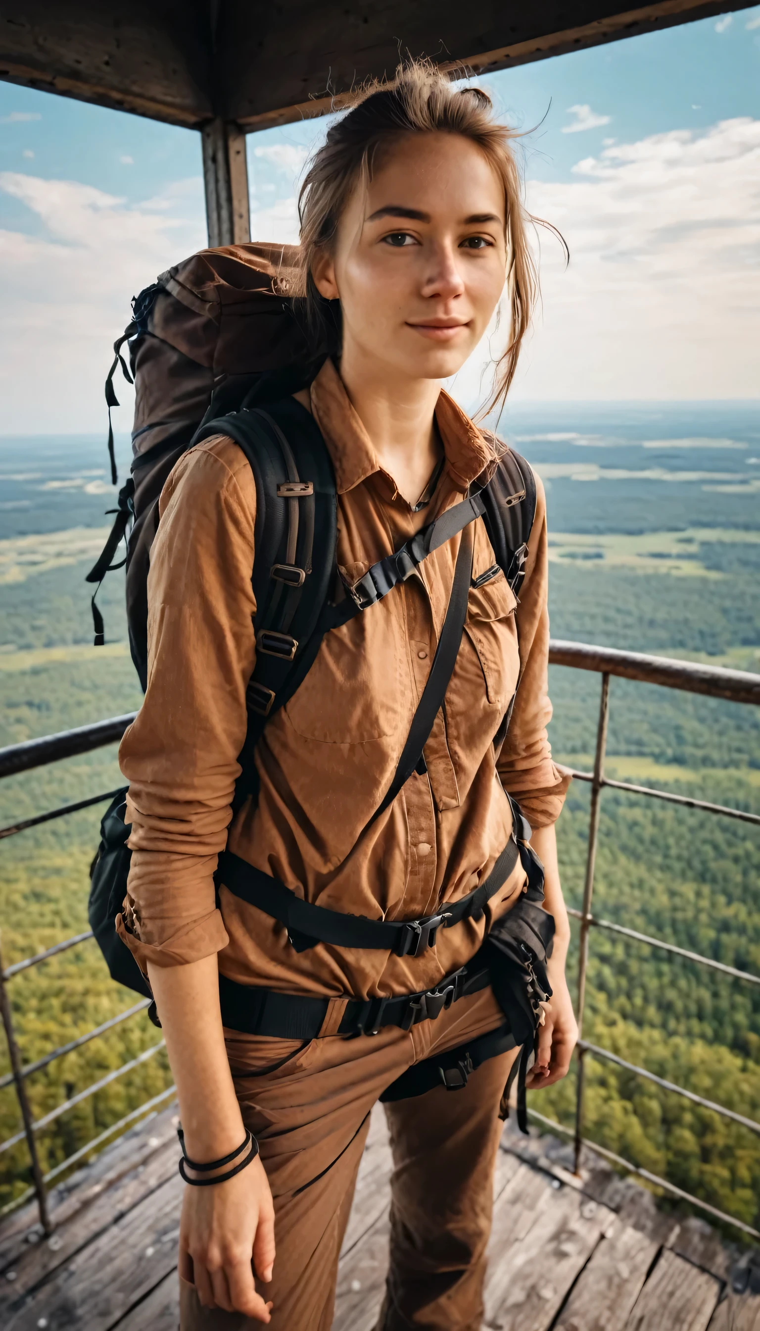 she, the adventurer is at the top of lookout tower and poses fowerful. She is wearing brown clothes and carrying a black backpack.
many details, extreme detailed, full of details,
Wide range of colors.
Many details everywhere. soft shadows. Low saturation colors. Insane quality. Insane resolution. Insane details. Masterpiece. 32k resolution.
Dramatic,Dynamic,Cinematic,Sharp details