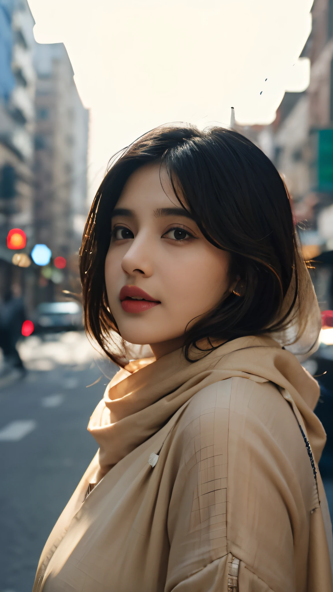 (((garota desi))), cara gordinha, pele natural, Usando um decote profundo quente e dupatta, Cabelo preto atraente, ((the ends of the hair are blonde)), fundo de rua da cidade, Bokeh