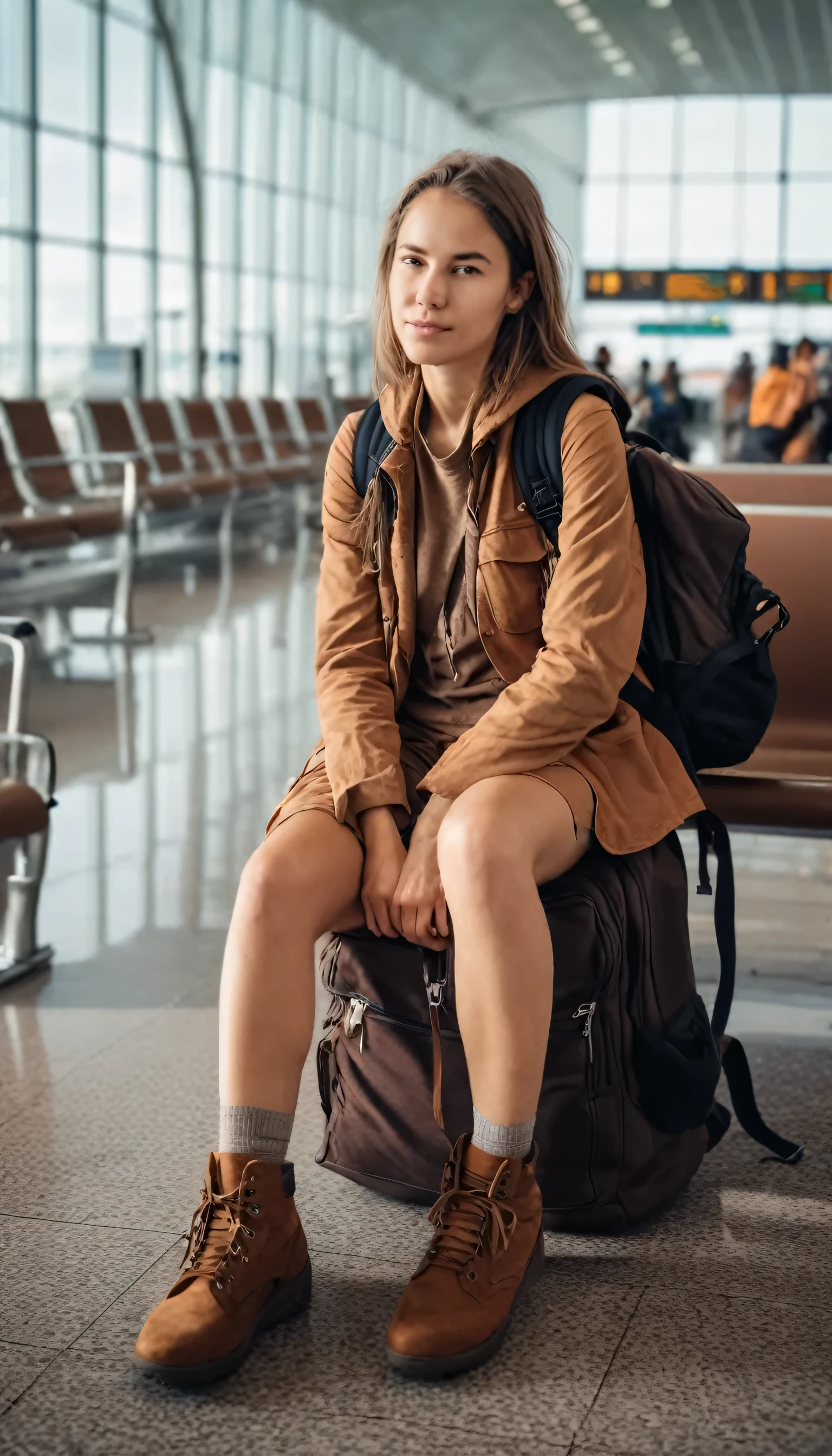 at airport. the adventurer is sitting at the waiting area.
She is wearing brown clothes and carrying a black backpack.
many details, extreme detailed, full of details,
Wide range of colors.
Many details everywhere. soft shadows. Low saturation colors. Insane quality. Insane resolution. Insane details. Masterpiece. 32k resolution.
Dramatic,Dynamic,Cinematic,Sharp details