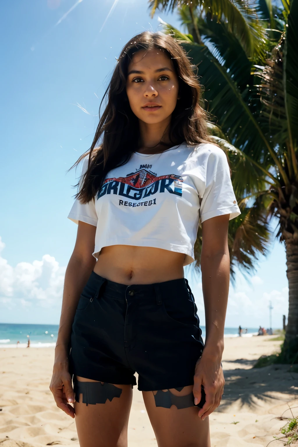 (best quality,4k,highres,masterpiece:1.2),ultra-detailed,realistic,portrait, ((best quality)), ((masterpiece)), (detailed), ID photo,  BMI 32, photographic portrait of a 29 year old man, athletic body, tanned skin, surfer, straight brown hair, brown eyes, small beard, wearing shorts, leaving the sea on a sunny morning, documentary photography, hard lighting, lens flare, 85mm, surf skate outfit