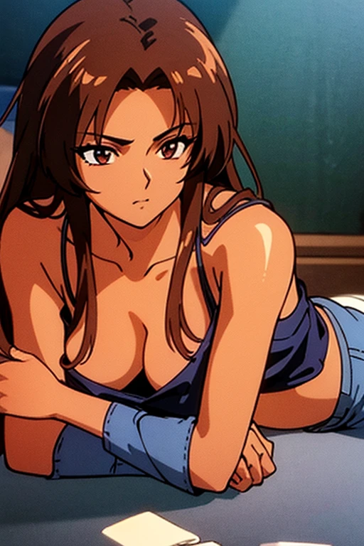 ((best quality)), ((masterpiece)), (detailed), dark tanned skin anime woman in a deep V-neck tied top, (bare shoulders), (bare arms), (jeans), (long hair), starving, (resting hands on the stomach), (hands on the stomach), (slim body), lying down