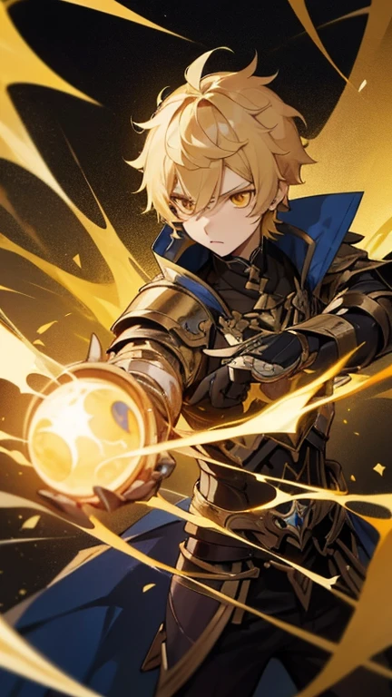 Aether from Genshin Impact. Blonde hair, short hair, golden eyes. 1boy. Dark armor. King of Abyss. Serious expression.