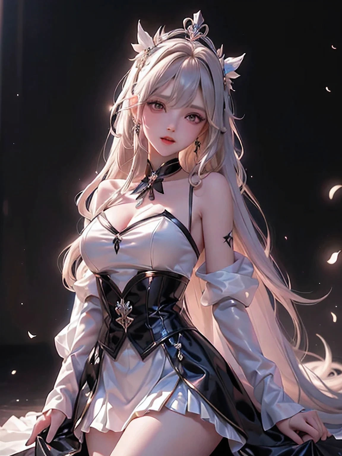 ((masterpiece,highest quality,Highly detailed images,Beautiful images,photo realistic、dutch angle))1.4(solo,1girl)(cute girl、Beautiful Skin、White skin、Light Hair、White long hair、Delicate shoulders)(Lolita Costume、Black tie、Black Skirt、White shirt、Black collar、Black hat)(floating hair、Model-like pose)(Fantasy,In front of the palace)