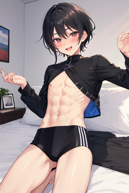 masterpiece,8k,((A man)),Cheerful boy,Black Hair,Handsome,a flat chest,Slim waist,Smooth legs,blush,bedroom,