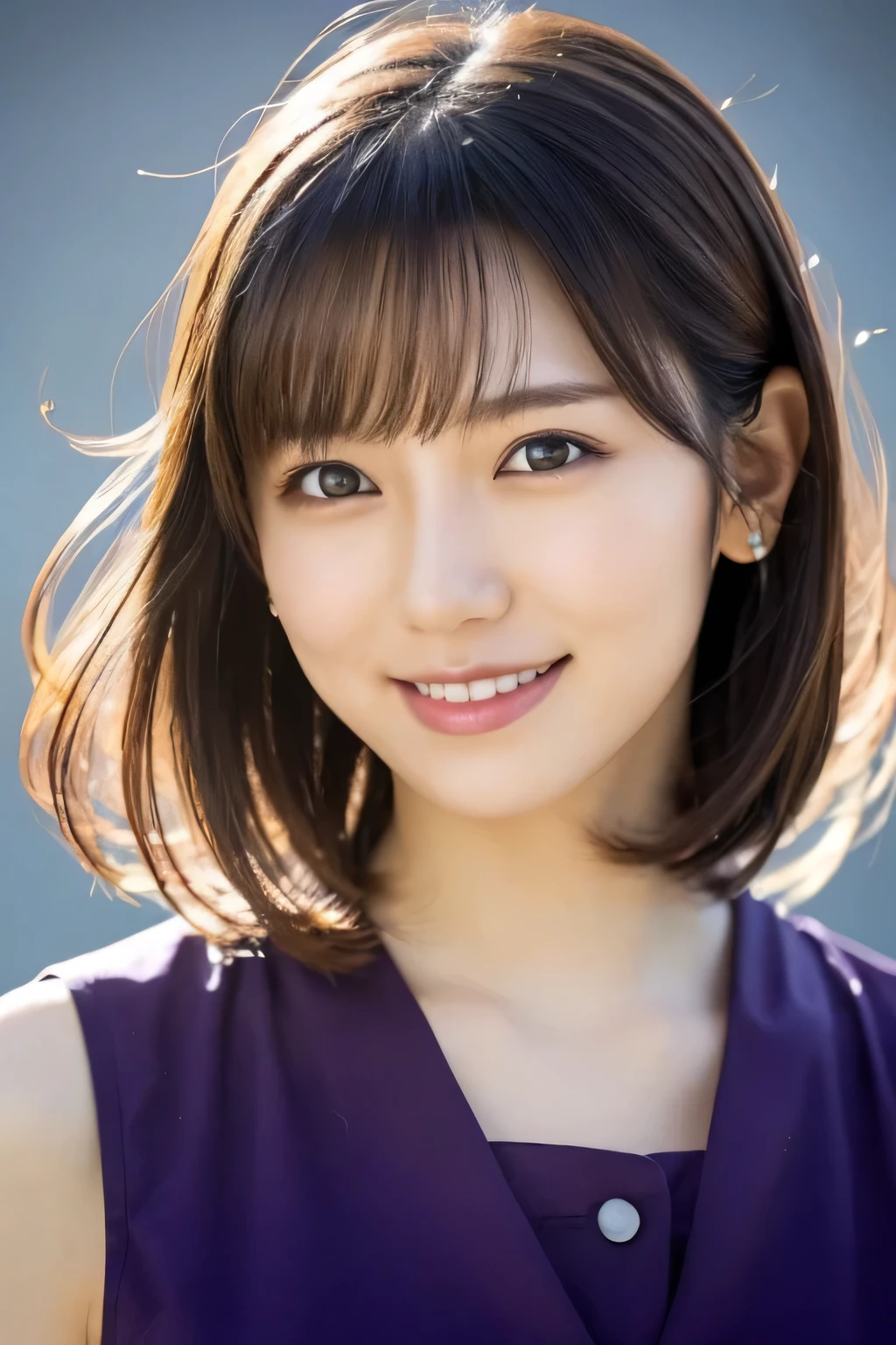 1 girl, (Dressed in deep purple:1.2), Very beautiful Japanese idol portraits, Face close-up,
(RAW Photos, highest quality), (Realistic, Realistic:1.4), (masterpiece), 
Very delicate and beautiful, Very detailed, 2k wallpaper, wonderful, finely, Very detailed CG Unity 8K wallpaper, Very detailed, High resolution, Soft Light, 
Beautiful detailed girl, Very detailed目と顔, Beautiful and sophisticated nose, Finely beautiful eyes, Cinema Lighting, 
(Simple light color background:1.3),
(Medium Hair), 
Complete Anatomy, Slender body, Small breasts, smile