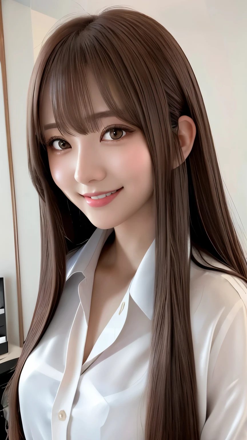 Front view, Young and pretty girl in Japan, night、Standing alone next to a bed in a luxurious room with a big smile on her face, Attractive person, Wearing an unbuttoned long-sleeved white silk satin shirt with a collar, Shiny satin white panties, Super cute face, Glossy Lips, Double eyelids on both eyes, Natural Makeup, Long eyelashes, shiny smooth light brown long hair, Straight Hair、Asymmetrical bangs, Center image, High resolution, Attention to detail, Detailed hairstyle, Detailed face, Spectacular movie lighting, Octane Rendering, Vibrant, Ultra-realistic, Perfect limbs, Perfect Anatomy