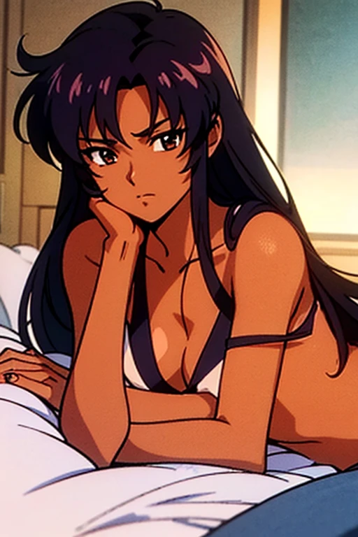 ((best quality)), ((masterpiece)), (detailed), dark tanned skin anime woman in a deep V-neck tied top, (bare shoulders), (bare arms), (jeans), (long hair), starving, (resting hands on the stomach), (hands on the stomach), (slim body), laying down in bed