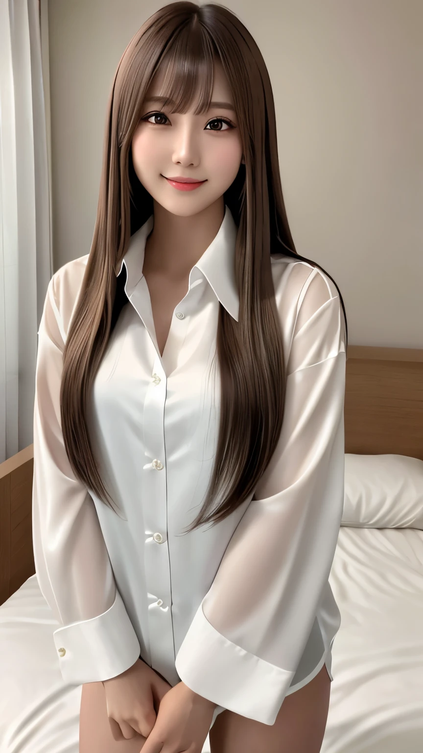 Front view, Young and pretty girl in Japan, night、Standing alone next to a bed in a luxurious room with a big smile on her face, Attractive person, Wearing an unbuttoned long-sleeved white silk satin shirt with a collar, Shiny satin white panties, Super cute face, Glossy Lips, Double eyelids on both eyes, Natural Makeup, Long eyelashes, shiny smooth light brown long hair, Straight Hair、Asymmetrical bangs, Center image, High resolution, Attention to detail, Detailed hairstyle, Detailed face, Spectacular movie lighting, Octane Rendering, Vibrant, Ultra-realistic, Perfect limbs, Perfect Anatomy